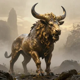 Mythological Minotaur in real life, fog, rain, volumetric lighting, beautiful, menacing, golden hour, sharp focus, ultra detailed, cgsociety