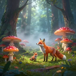 unreal engine 5, magical forest covered with fly agaric, there is a fox with two cubs, light magical fog