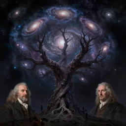 a cosmic yggdrasil with galaxies hanging from the branches by caspar david friedrich and albert bierstadt, digital art, artstation, low angle,