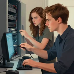 illustration an it guy who is plugging a girl through cables to a computer and it cabinet. the girl looki like a mix of emma watson and scarlett johansson and nathalie portman, very details, cinematic render, matte painting by david rutkowski, by artgem