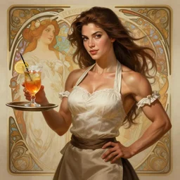 Epic portrait, an muscular waitress serving a drink, Brown hair flow, pretty, glossy skin, digital painting, artstation, concept art, soft light, hdri, smooth, sharp focus, illustration, fantasy, intricate, elegant, highly detailed, D&D, matte painting, in the style of Greg Rutkowski and Alphonse Mucha and artemisia, 8k, highly detailed, jurgens, rutkowski, bouguereau, pastoral, rustic, georgic