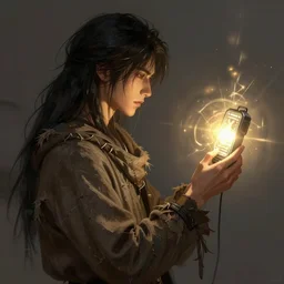 side profile of a man with long black hair in brown rags holding a glowing device, fantasy, digital painting, volumetric light, intricate, sharp, focus, bloom, illustration, highly detailed, concept art, matte, ruan jia, randy vargas, greg rutkowski