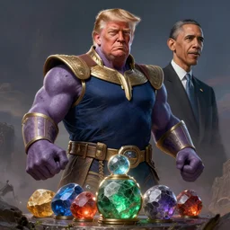 donald trump transforms into thanos and gathers the infinity stones to defend the universe from the evil doings of barak obama, masterpiece, highly detailed, high quality, 4 k, anatomically correct, hyperrealistic, concept art, octane render, unreal engine 5, trending on artstation, trending on deviantart, matte, historical painting, fantasy style, path traced, high coherence, soft lighting, digital painting, mythical
