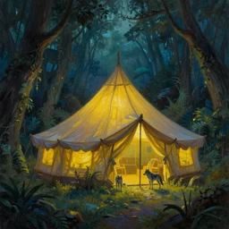 a fantasy painting of a huge tent in the middle of a mystical jungle, yellow light coming through the tent, night time, wolves in the background, fantasy, eerie, oil painting, matte, smooth, trending