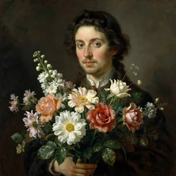 a radiant portrait of a bouquet of flowers. In the style of Rembrandt,