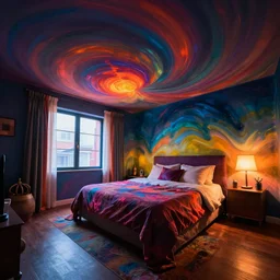 bedroom interior, 8 k, ultra wide angle, high contrast, highly detailed, vivid colors, dramatic lighting, depth of field, ray tracing, concept art, volumetric light, unreal engine, pincushion lens effect, trending on artstation, zenith perspective, greg rutkowski, feng zhu