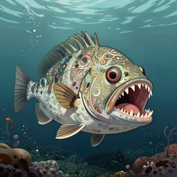illustration of an angler fish, deep sea, large mouth filled with pointed teeth, stylized linework, ornamentation, artistic, muted color wash
