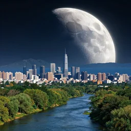 a city on the moon with trees. river in the foreground. ocean in the background. half lit earth in the sky. moon mountains in the distance