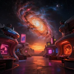 a minimalist scifi portal to a nebula, bulbous zaha hadid space-station night club interior with neon lights and signs inspired by a nuclear reactor submarine and maschinen krieger, ilm, beeple, star citizen halo, mass effect, 2001 space odyssey, elysium, iron smelting pits, warm saturated colours, atmospheric perspective, dramatic sunset nebula