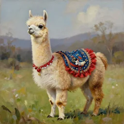 an oil painting of a llama wearing fancy dress