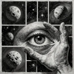Eye hand, oil Painting, collage, film noir, asteroid, cyberpsycho, monochromatic, detailed, astral
