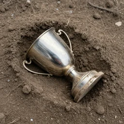 a trophy cup, on its side halfway buried in a pile of dust and ash, 8 k hdr picture, top - down angled view