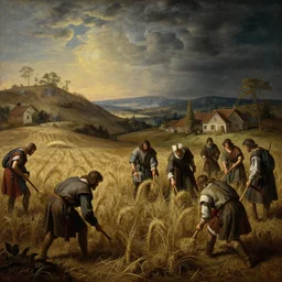 medieval peasants harvesting crops on exoplanet, baroque landscape painting, detailed octane render trending on artstation artgerm, 8 k artistic photography, volumetric cinematic perfect light, chiaroscuro, masterpiece, raphael, caravaggio, beksinski, rutkowski, casper david friedrich, gustav dore