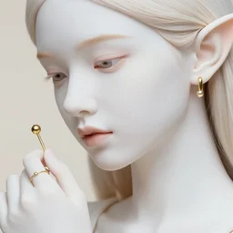 a close - up product photo, elf girl with soft white skin, gold jewelry, hyperrealism, look at the details by lee jeffries