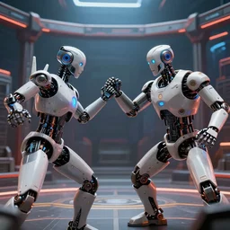 ai virtual robots battling each other in a cyberspace thunderdome. hyper detailed, this 4 k hd image is trending on artstation, featured on behance, well - rendered, extra crisp, features intricate detail, epic composition, beautiful lighting, depth of field