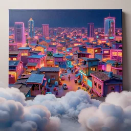 stylish - environment concept - art of a neon lit ajegunle slum in nigeria, puffy clouds on the ground, photographed by vivian maier, unreal engine 3 d vfx render, digital illustration by mike winkelmann, intricate detail, sharp, volumetric light, ray tracing, soft light, colourful, claymation, acrylic on canvas, cinestill, rule of thirds,