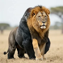 a lion riding a gorilla