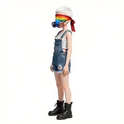 a grungy woman with short white shaved hair, soft eyes and narrow chin, dainty figure, torn overalls, short shorts, combat boots, rainbow colored dust mask, blindfold, basic white background, side boob, symmetrical, single person, style of by jordan grimmer and greg rutkowski, crisp lines and color,