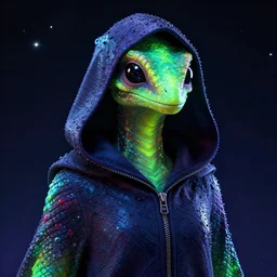 a reptilian humanoid in a hooded cloak has luminescent scales that alternate neon coloring, the eyes are black and highly reflective, wet, stars in background, unreal engine 5 render, hyper realistic,