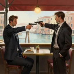 two criminals in suits point a gun at each other in a cafe in venice, digital painting, amazing detail, artstation, in the style of greg rutkowski