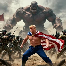 an award winning photo, of a shirtless, muscular, donald trump, wearing an american flag as a cape, as he is leading his troops into battle against a giant communist.