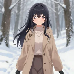 upper - body illustration of highly detailed anime girl walking through snowy forest, beautiful and stunning eyes and face, pretty, pixiv