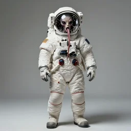 extremely detailed studio portrait of female space astronaut, alien tentacle protruding from eyes and mouth, slimy tentacle breaking through helmet visor, shattered visor, full body, soft light, plain studio background, disturbing, shocking realization, award winning photo by hajime sorayama