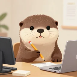 cute otter holding a pencil at a desk