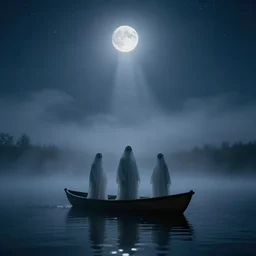 ghosts on boat on the middle of lake, fog, moon rays, night sky, stars, by stanley kubrick