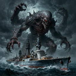 an ultradetailed landscape painting of cthulu destroying a battleship, cthulu, ominous and scary, dark thunderstorm, lovecraftian horror, monster from beneath the waves, intricate detail, cinematic, 8 k, cel shaded, volumetric lighting, octane render, art by greg rutkowski and albert bierstadt