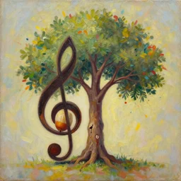 an oil painting of an acorn that turns into a tree in the shape of a treble clef with a few scars on the tree, bursts of color, inspire and overcome