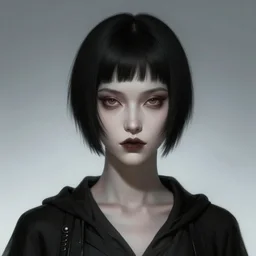 dark fantasy brunette acolyte with short pageboy hair, pale, headshot portrait, wide angle view, highly detailed, qichao wang, artgerm, cushart krenz, zeronis, trending on artstation, soft light, sharp edges, illustration, character design, concept art