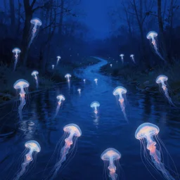 glowing jellyfish immigration down a river, evocative, mystical night, detailed, award winning, masterpiece digital painting by Greg Rutkowski, Alex Grey, artstation, 4k wallpaper