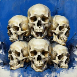 highly detailed oil painting of skulls, by greg tocchini, by riccardo federici, by greg manchess, by simon stalenhag, by laurie greasley, splash, watercolor, blue background, brush strokes, cinematic light, sharp focus, illustration, harmony, dynamic composition, masterpiece, ink draw, pen,