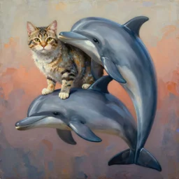 painting of hybrid between cat!!! & dolphin, intercrossed animal, mixture animal, by tiffany bozic, by zdzislaw beksinski, organic, nature study, accurate anatomy, cold hue's, warm tone gradient background, concept art, beautiful composition, digital painting,