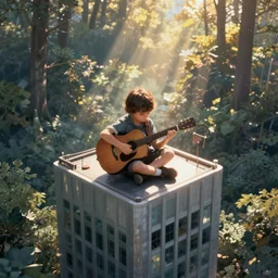 a little sad boy with a guitar in his hands sits on a platform of a high skyscraper in the forest, in style of guwev iz