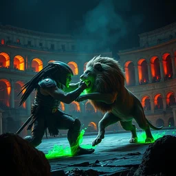 the predator fighting a lion in a roman coliseum, green glowing fluid on wounds, 8 k award winning photo, amazing