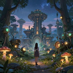 girl in solarpunk fantasy village, evening, 4 k, ultra realistic, detailed, epic lighting, starry sky, magical, glowing forest, mushrooms, machines, futuristic building, high detail, masterpiece, trending on artstation by frederic daoust and akihito tsukushi and takeshi nogami