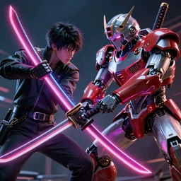 intense battle neon katana and robot soldier, highly detailed, professional digital painting, illustration, Photorealism, HD quality, 8k resolution, cinema 4d, 3D, cinematic, art by Dustin Nguyen