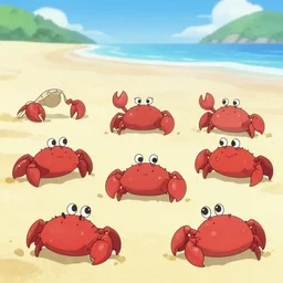 a group of anthropomorphic red cute hermit crabs on sandy beach, japanese cartoon style