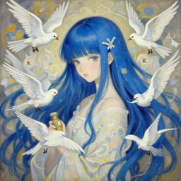 a beautiful intricate oil painting of a blue hair girl with white birds, paper, 4 k, elagant, by yoshii chie, miho hirano and edmund dulac, trending on artstation, artgerm, cgsociety, hyper detailed, intense colors