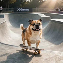 “photo of a very fat dog skateboarding in a half-pipe at the X-Games”