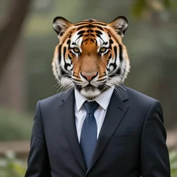 high quality portrait photo of a tiger dressed in a dark business suit and tie, Anthropomorphic, photography 4k, f1.8 bokeh, 4k, 85mm lens