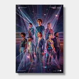 a poster of a group of people, an album cover by kilian eng, behance contest winner, afrofuturism, diagonal lines, circuitry, artwork, adafruit