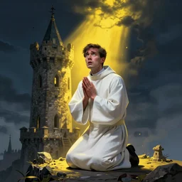 Digital portrait of a terrified catholic priest in his thirties kneeled in fervent prayer at the summit of a medieval tower. Looking up with eyes wide open with fear looking straight at the viewer. Dressed in white. An ominous yellow shadow is descending upon him from the night sky. Award-winning digital art, trending on ArtStation