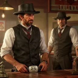 ryan reynolds in red dead redemption 2 as a belt buckle salesman near the saloon, highly detailed