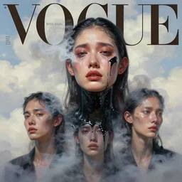 3 d, crying fashion model, smoke, liquid black oil, morning, vogue cover style, poster art, high detail, intricate oil painting, multiple exposure, heaven mood, hyperrealism, 3 d, by tooth wu and wlop and beeple and greg rutkowski