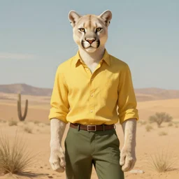 Character portrait of a albino furry anthro albino mountain lion wearing a yellow button-down shirt and olive green slacks in the desert wilderness, intricate, elegant, highly detailed, digital painting, artstation, concept art, smooth, sharp focus, illustration, art by Krenz Cushart and Artem Demura and alphonse mucha