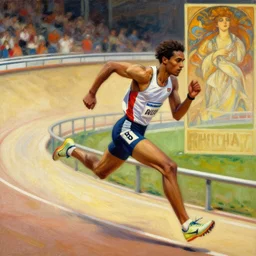 cinematic painting of qwop!!!!!!!!!!!!!!!!! running down the track, art by krenz cushart and artem demura and alphonse mucha, kinetic, motion, athletic, running