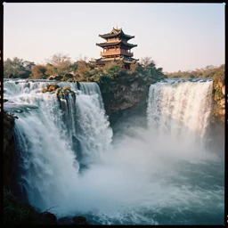 kodak portra 4 0 0 photo of waterfalls in ultra detailed ancien chines tower, golden hour, trending on pinterest, wide angle, 3 5 mm, sharp focus, soft light, volumetric light, in the style of gregory crewdson, masterpiece, surealisme,
